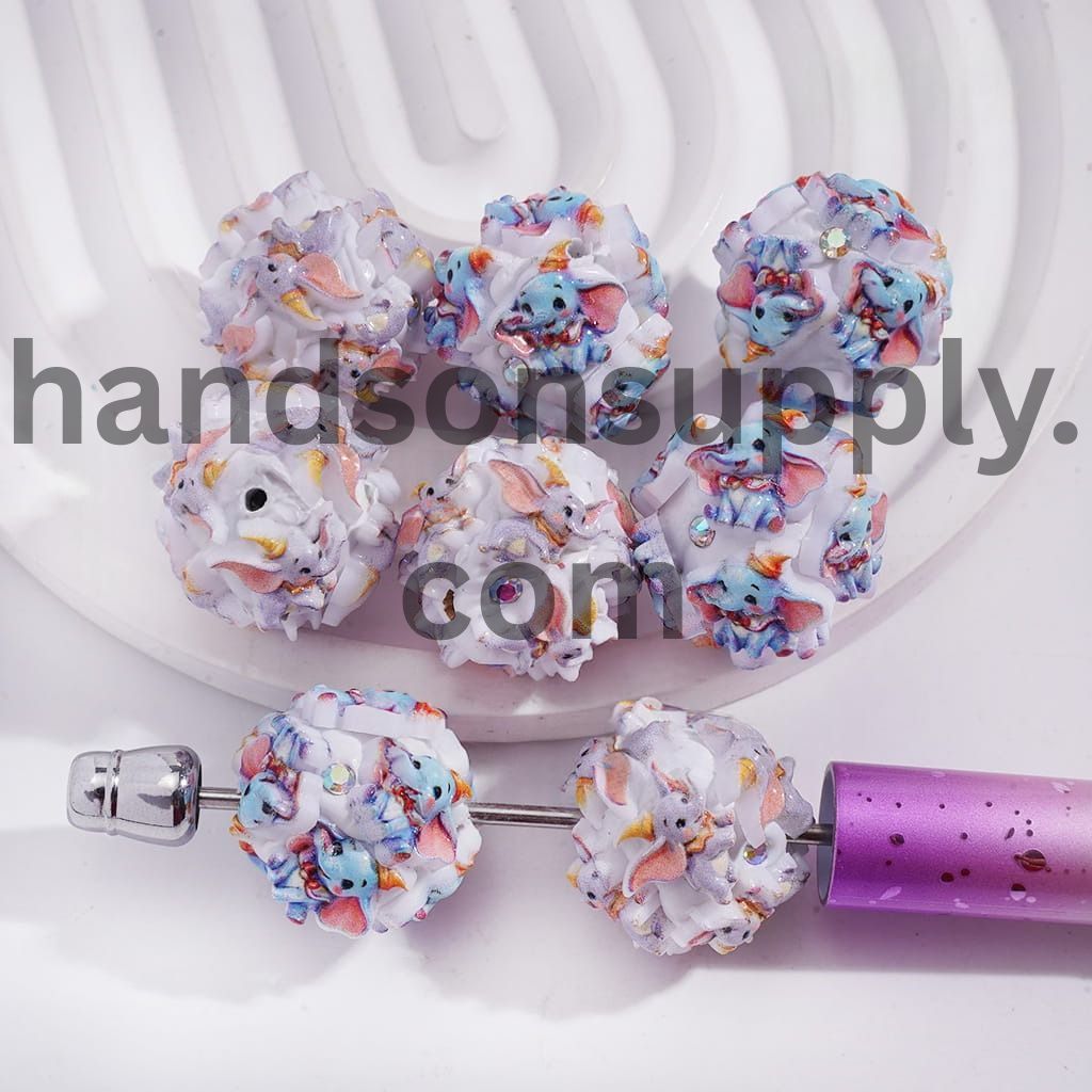 Gray & Blue Flying Elephant Character with AB Rhinestones Round Silicone Focal Beads 20MM