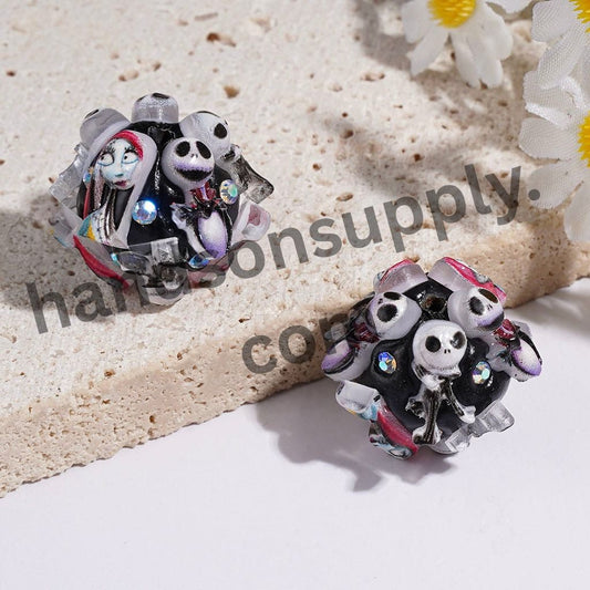 Girl and Boy Skeleton Couple Character Series, Red Hair Clay Beads with AB Rhinestones, 20MM, Random Mix