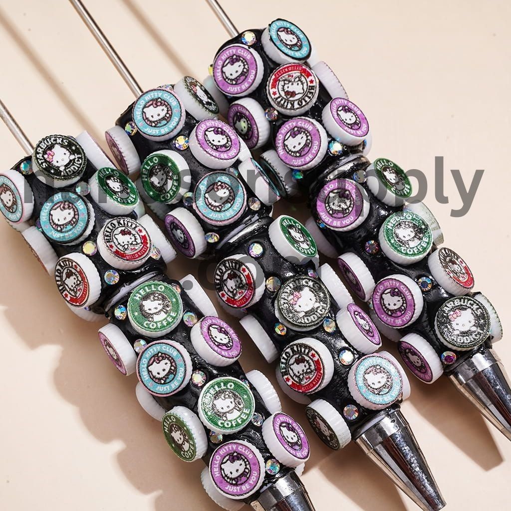 Cute Cat Character Coffee Theme with Colorful Round Logo Design and Sparkling AB Rhinestones Beadable Clay Pens