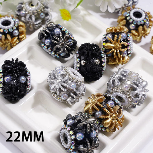 Spooky Spider Charm with White Half-Pearls & AB Rhinestone Chain Hand-Made Acrylic Beads 22MM