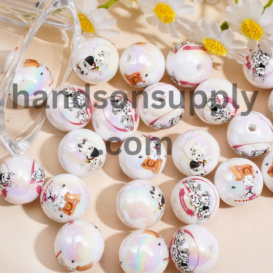 UV Coated Cute Dalmatian Puppy Character Series Printed Round Acrylic Beads for Bracelets, 16MM, Random Mix