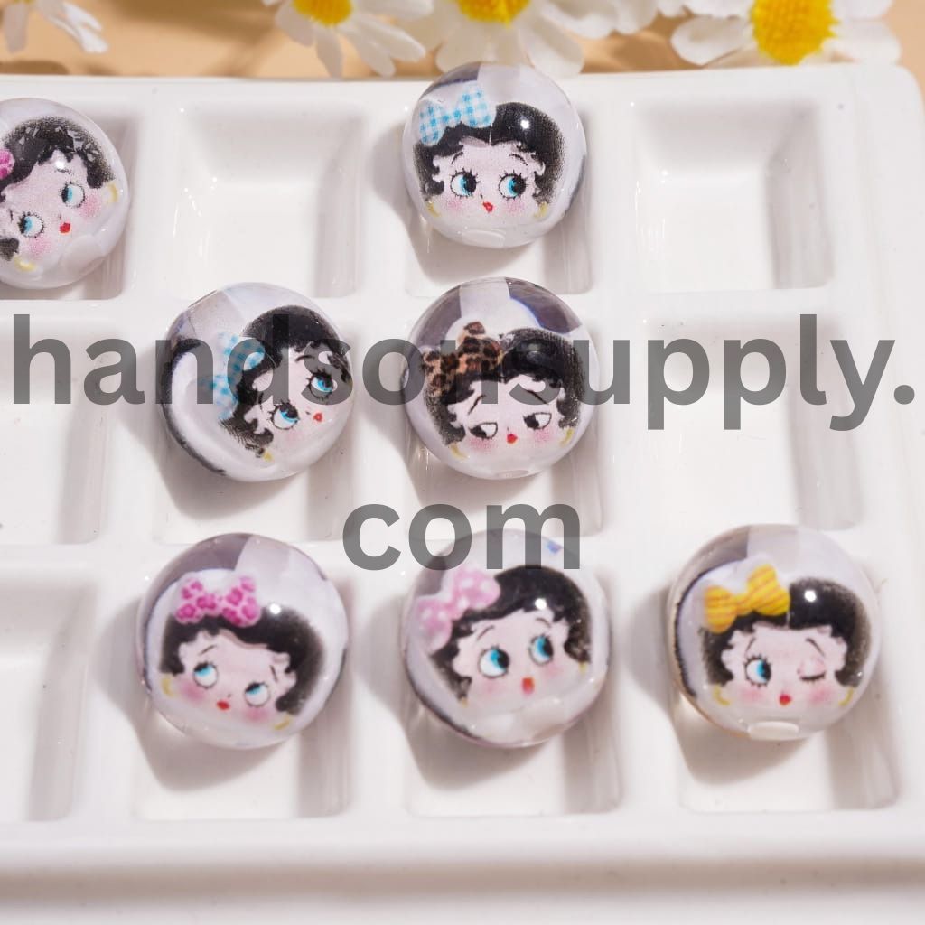 Embedded Old Girl Character Wearing Bowtie Design Inside Round Acrylic Beads 16mm