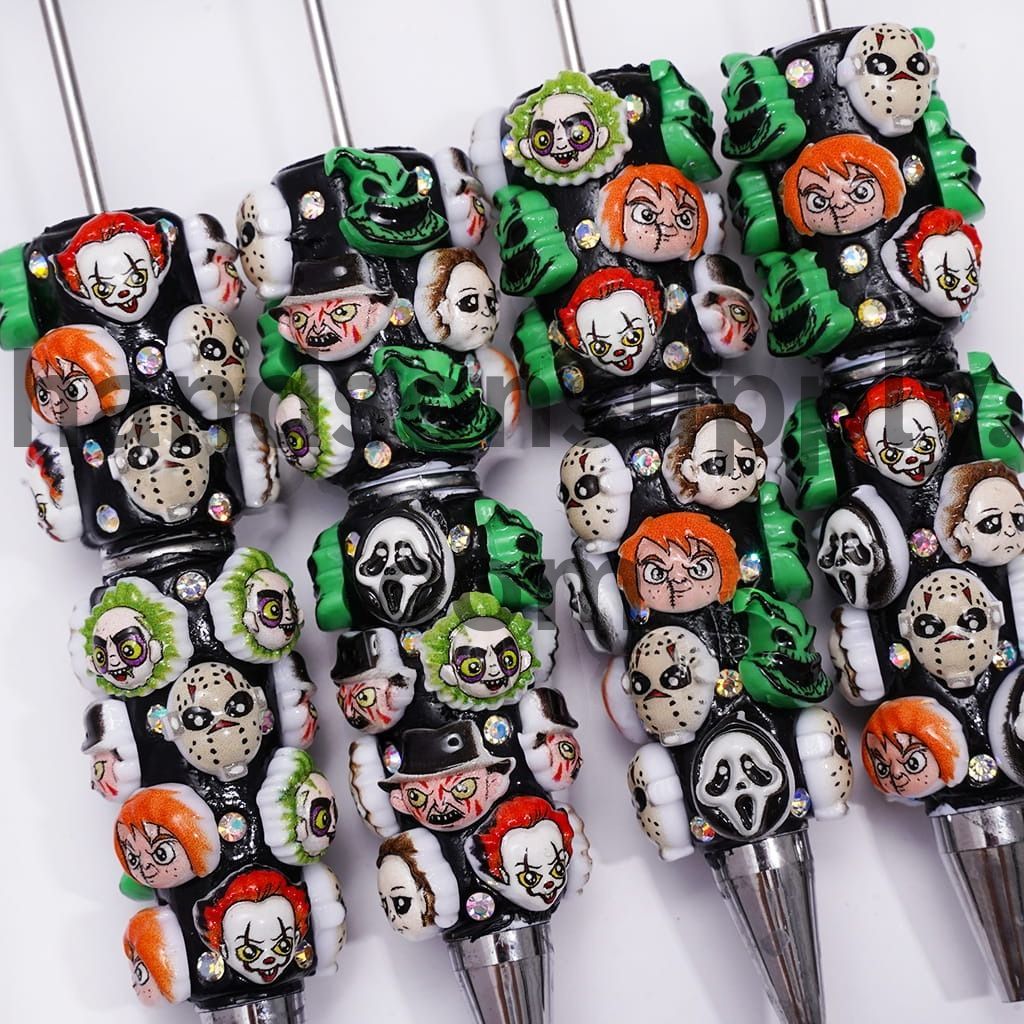 Spooky Character Series with AB Rhinestones Halloween Theme on Black Body Beadable Clay Pens