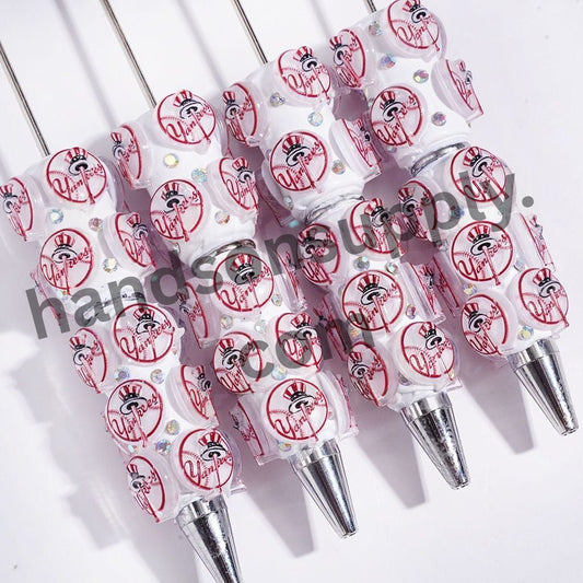 American NY Yankees Baseball Circle Team Logo Red & White Beadable Clay Pens with AB Rhinestones