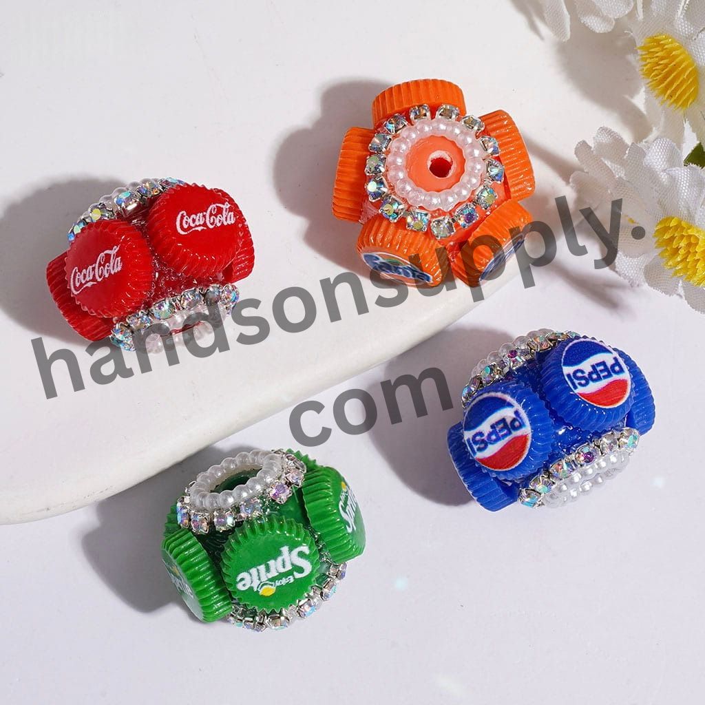 Canned Soda Bottle Cap Design Handmade Acrylic Beads with AB Rhinestones and White Pearl Chains, 20MM, Assorted Colors, Random Mix