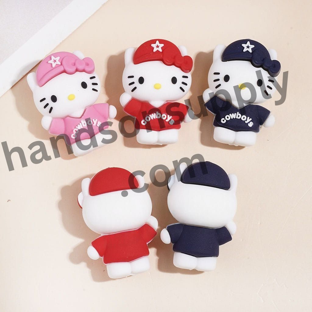 Cute Cat Cowboy Characters Wearing American Football Cap with Star Silicone Focal Beads, 30MM, Assorted Colors, Random Mix