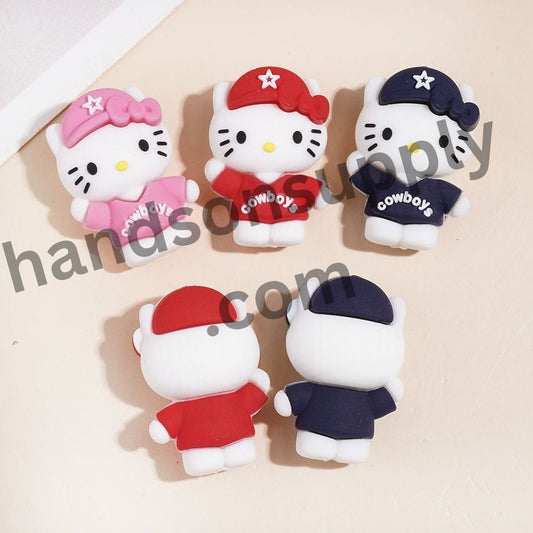 Cute Cat Cowboy Characters Wearing American Football Cap with Star Silicone Focal Beads, 30MM, Assorted Colors, Random Mix