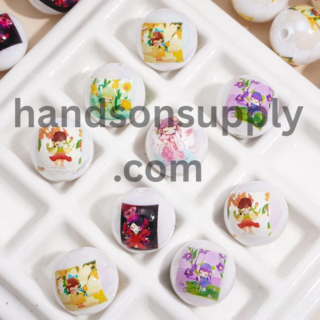 Cute Cultural Style Girl Character UV Coated Glossy Printed Round Acrylic Beads for Bracelet, 16MM, Random Mix