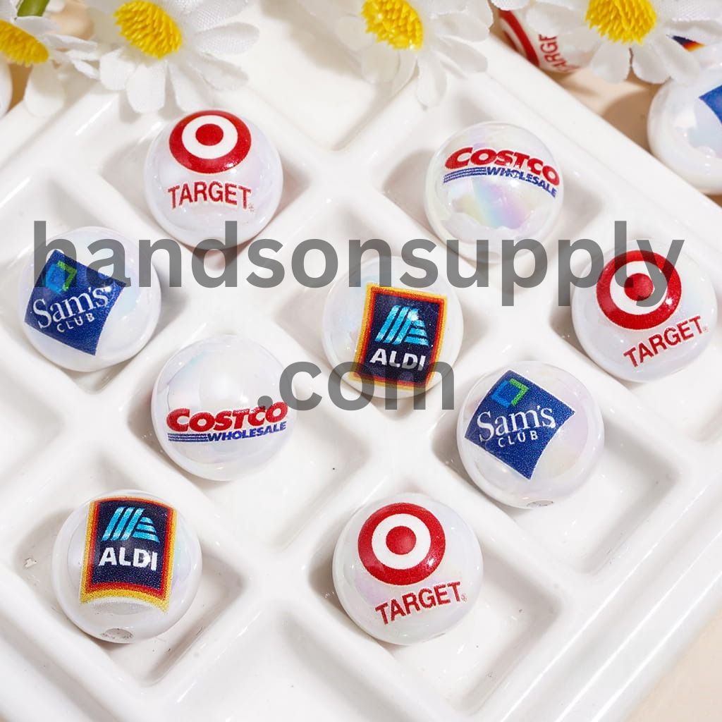 Brand Supermarket Logo Printed Custom Style, Acrylic Beads for Bracelets, 16MM Random Mix