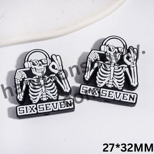 Trendy Skull with Headphones with "ok" Hand Gesture & Text "SIX SEVEN" Silicone Focal Beads, 27*32MM