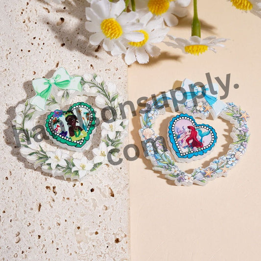 Classic Animation Princess Character Floral Wreath Acrylic Beads with Hollowed Heart Frame, 50*50MM, Random Mix (Please Read Description)