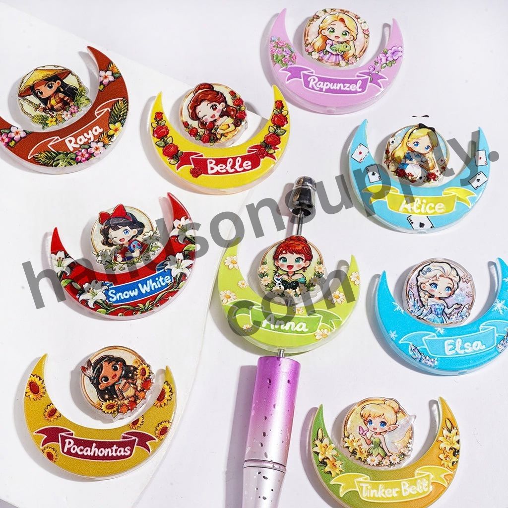 Fairytale Princess Characters Printed Crescent Moon & Round Acrylic Bead Collection Set, Random Mix (1 Set=2 Pieces)