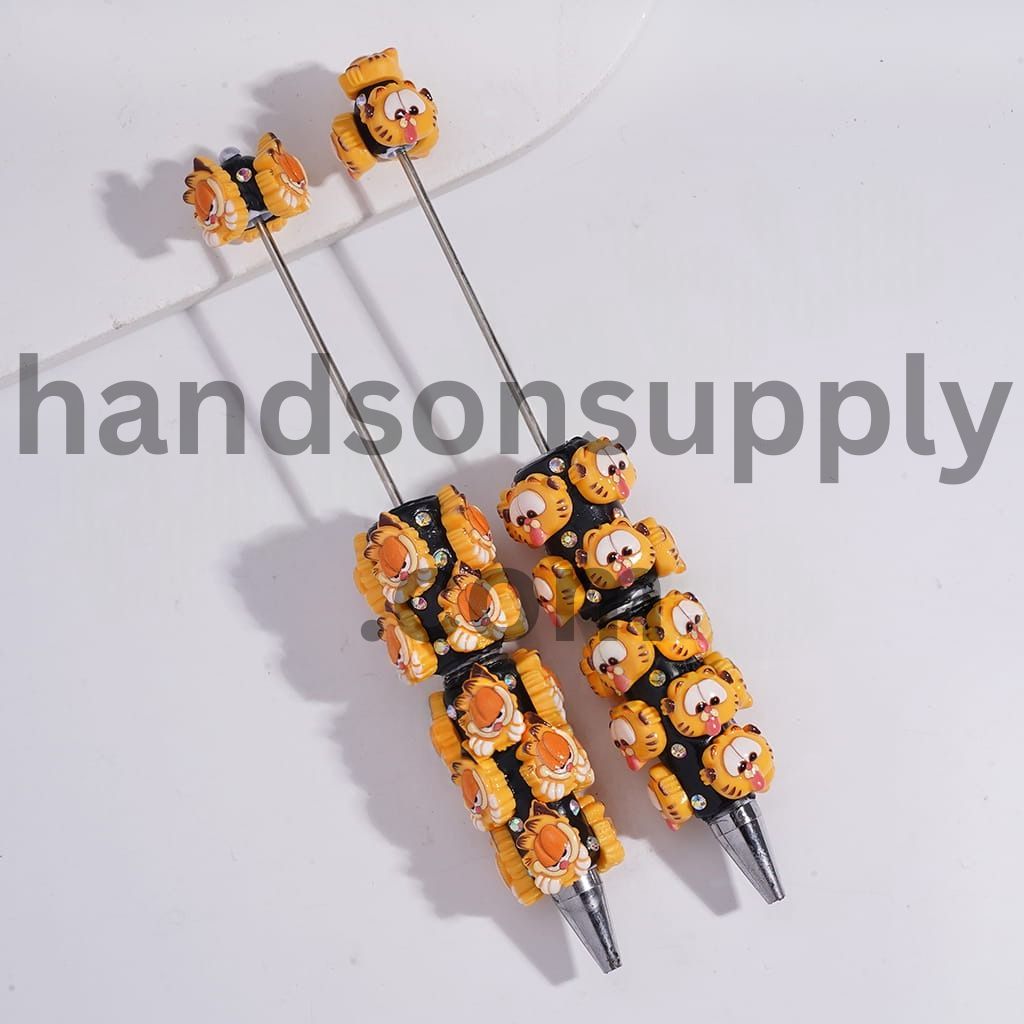 Yellow Lazy Cat Head Character with AB Rhinestones Beadable Clay Pens