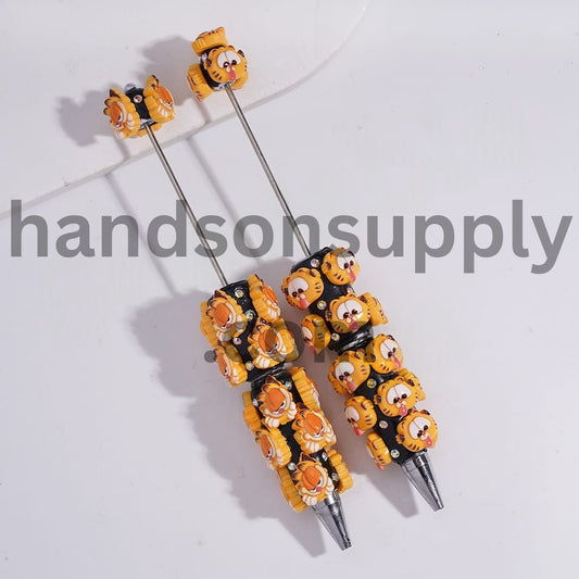 Yellow Lazy Cat Head Character with AB Rhinestones Beadable Clay Pens