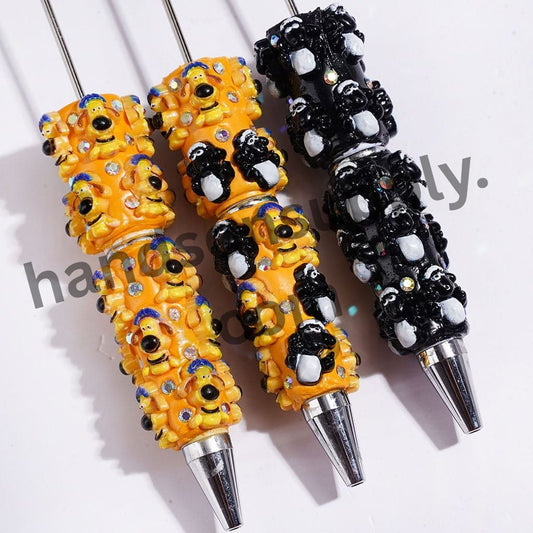 Cute Mountain Goat & Sheepdog Character Handmade Clay Beadable Pens, Animal Character Design, Black & Orange, Assorted Styles, Random Mix