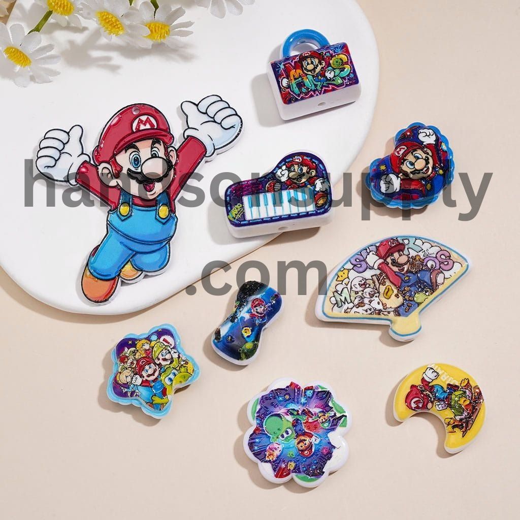 Classic Plumber Game Character Series Acrylic Beads Charm Pendant, Random Mix