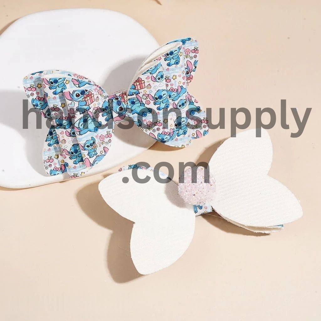 Cute Blue Pink Monster Character Holding Gift Three-Layer Fabric Bowtie with Sparkling Cone-Shaped AB Rhinestones, Clear Pearl Loop & Sugar Beads
