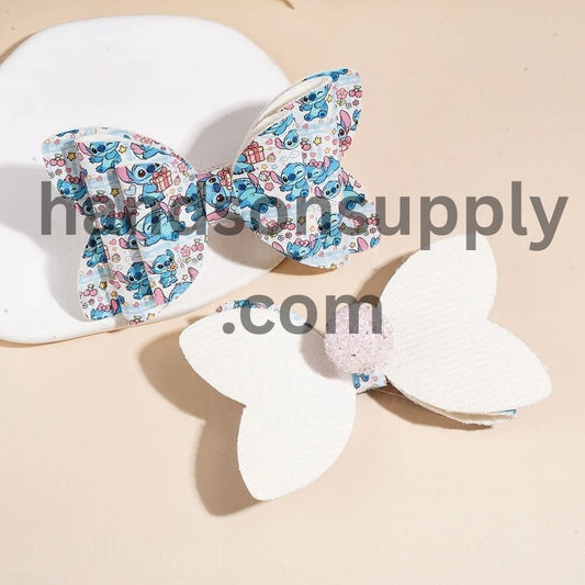 Cute Blue Pink Monster Character Holding Gift Three-Layer Fabric Bowtie with Sparkling Cone-Shaped AB Rhinestones, Clear Pearl Loop & Sugar Beads