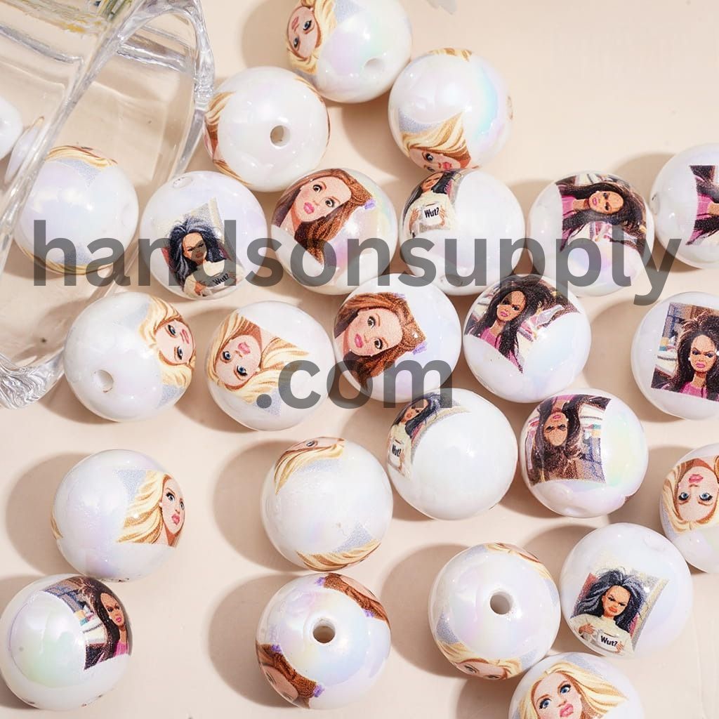 Stylish Cartoon Fashion Girl Series with Various Facial Expressions UV Coated Glossy Printed Round Acrylic Beads for Bracelets, 16MM, Random Mix
