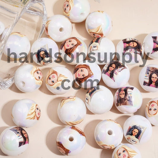 Stylish Cartoon Fashion Girl Series with Various Facial Expressions UV Coated Glossy Printed Round Acrylic Beads for Bracelets, 16MM, Random Mix