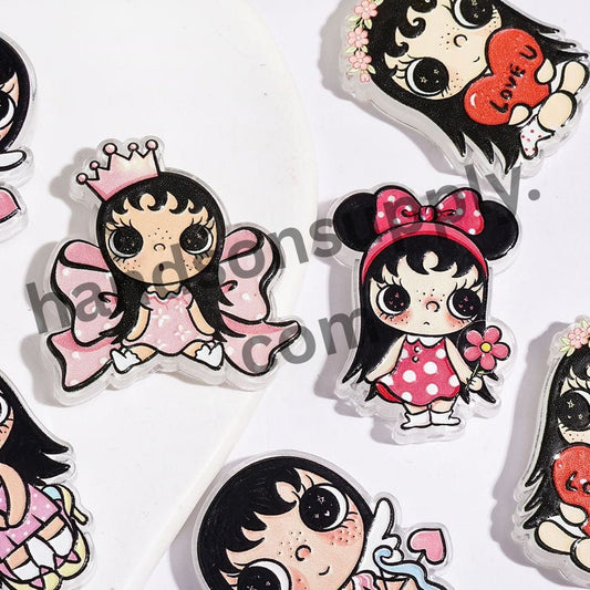 Cute Big-Eyed Girl Character Series Love, Fairy, Cupid & Mouse Theme Printed Acrylic Beads, Various Shapes, Random Mix