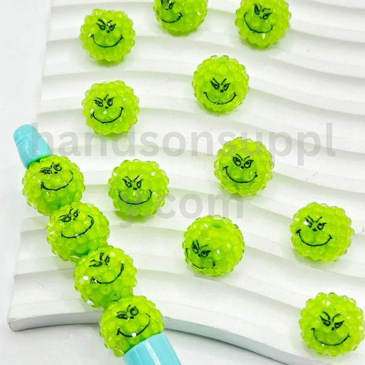 Green Grinch Face Round 16MM Acrylic Beads with Clear Rhinestones