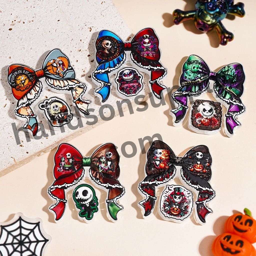 Halloween Skeleton Character Series with Decorative Bow Acrylic Pendant & Hanging Ornament, 50*45MM, Random Mix (Please Read Description)