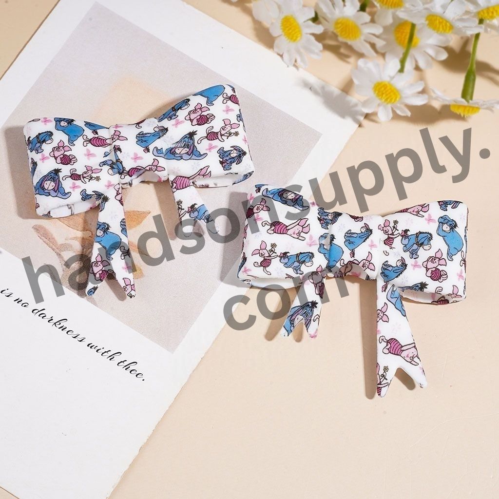 Charming Pink Pig & Sad Donkey Character Printed Soft Bow Shape Silicone Focal Beads, 53*59MM