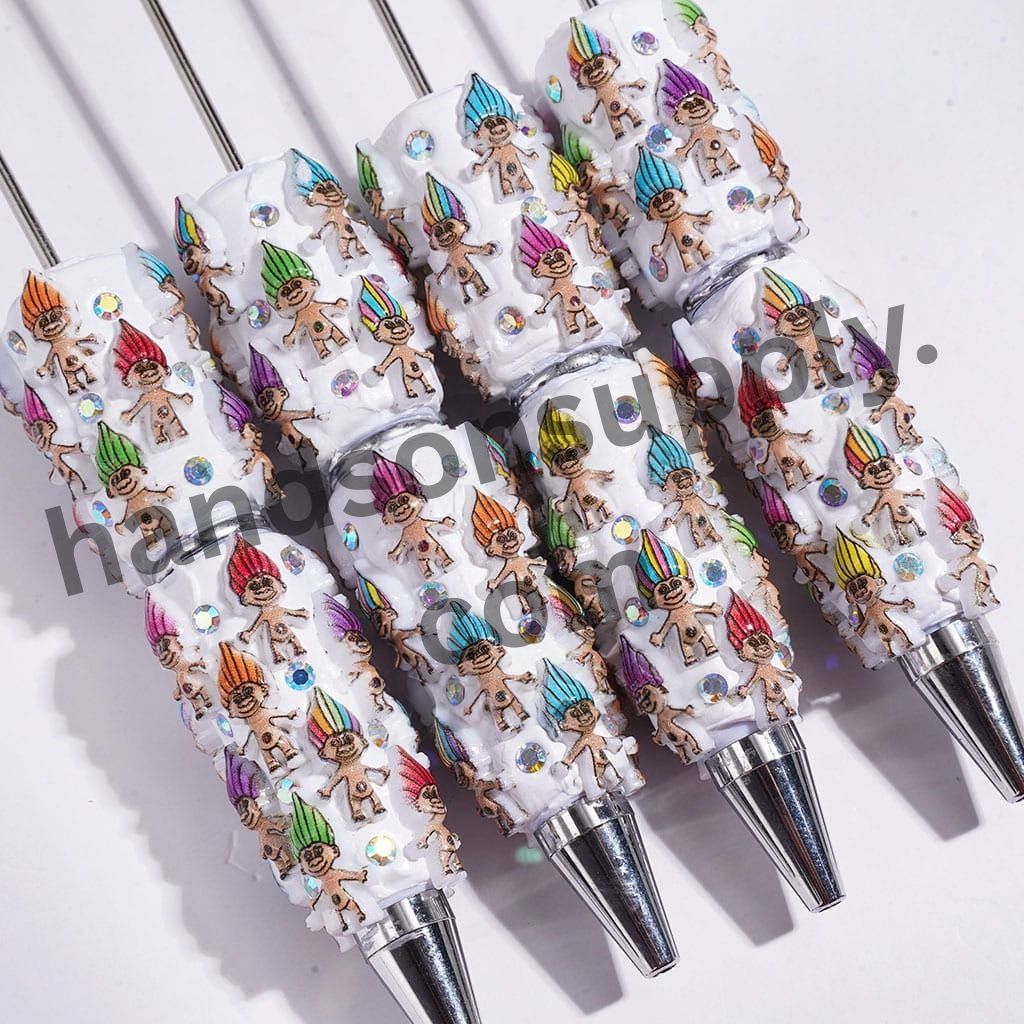 Cute Colorful Troll Magic Hair Elf Series Character Beadable Pens with AB Rhinestone Details, Multi-Color