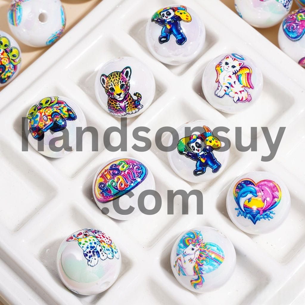 UV Coated White Iridescent Cute Animal & Fantasy Character Printed Round Acrylic Beads for Bracelets, 16MM, Assorted Designs, Random Mix