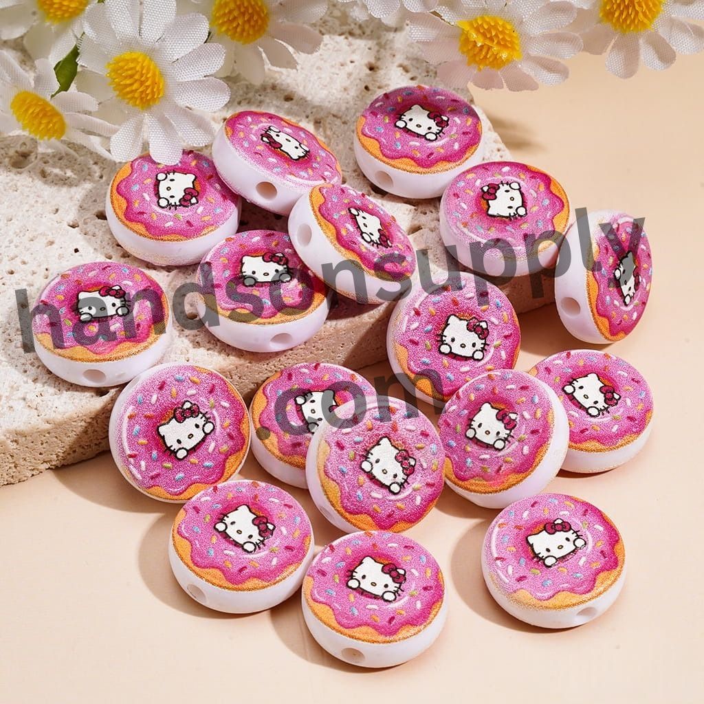 Adorable Pink Doughnut with Sprinkles and Cute Cat Character Prints Acrylic Beads 18MM