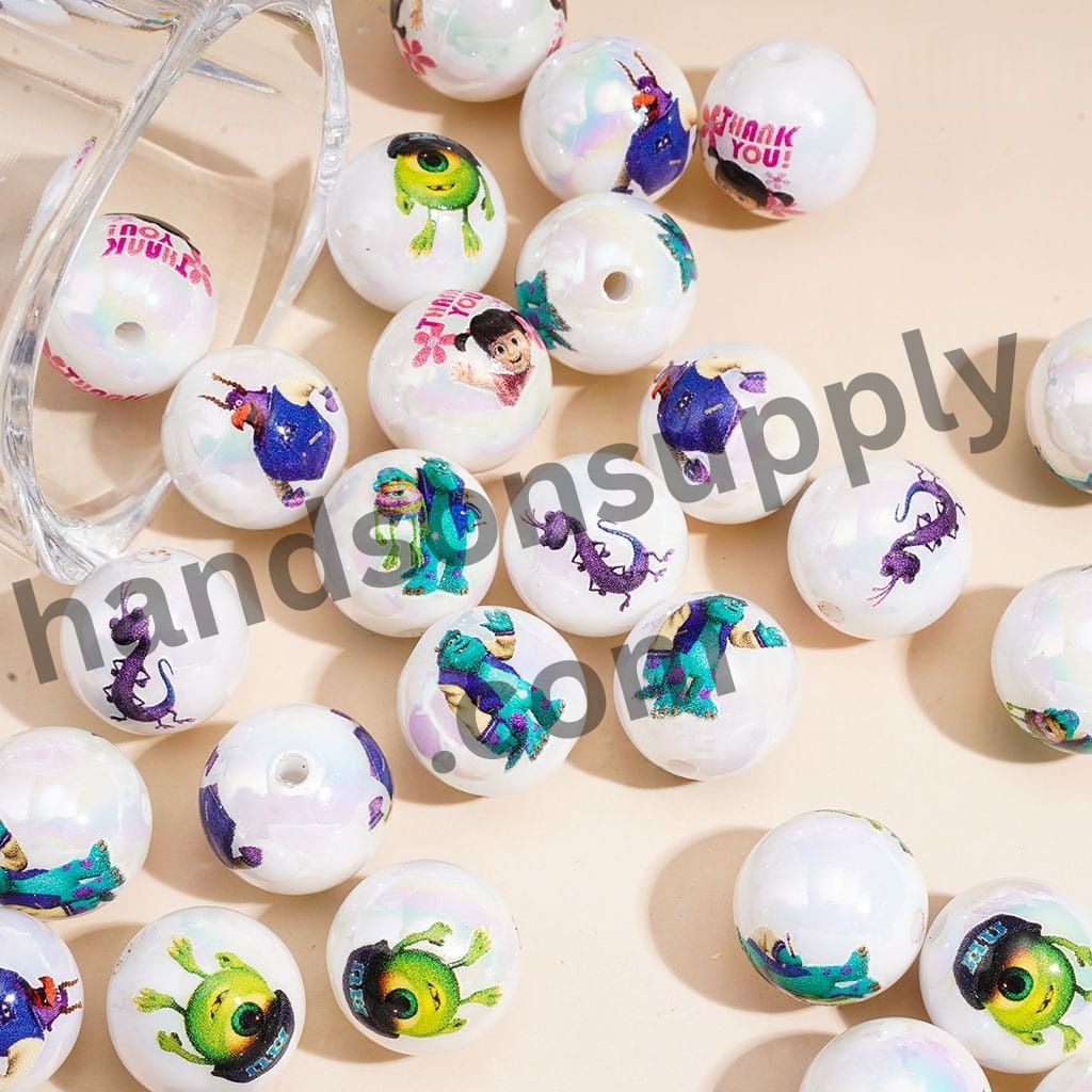 Monster Cartoon Character Printed Pearl White Round Acrylic Beads for Bracelets, 16MM, Random Mix