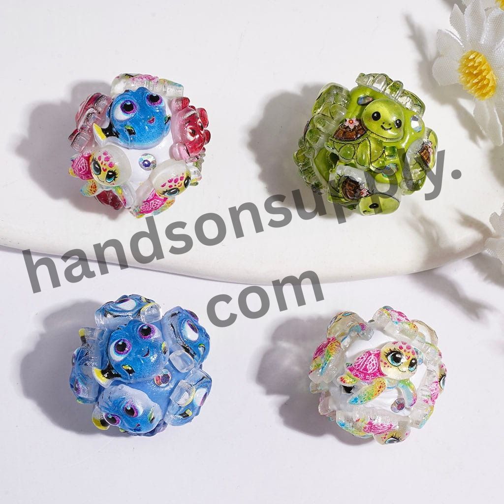 Cute Cartoon Animal Blue Monster, Green Turtle & Pink Character Clay Beads with AB Rhinestones, 21MM, Random Mix