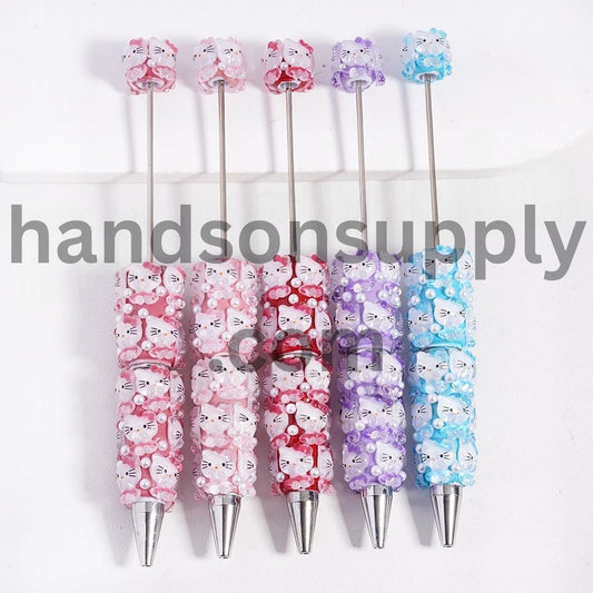 Cute Cat Character Wearing Skirt with Bowtie on Head and White Pearls Beadable Clay Pen Random Mix