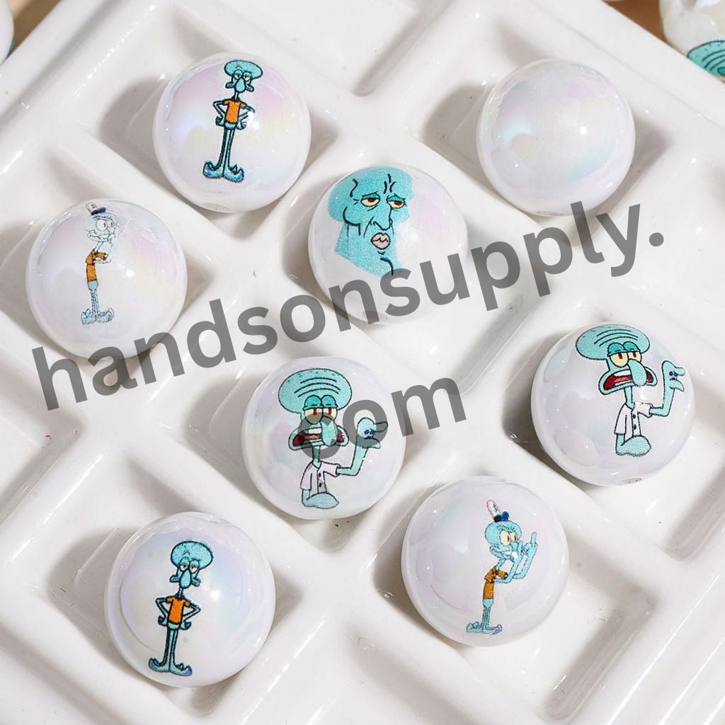 UV-Coated Gloomy Octopus White Pearl Cartoon Squid Character Print Round Acrylic Beads for Bracelets, 16MM, Random Mix