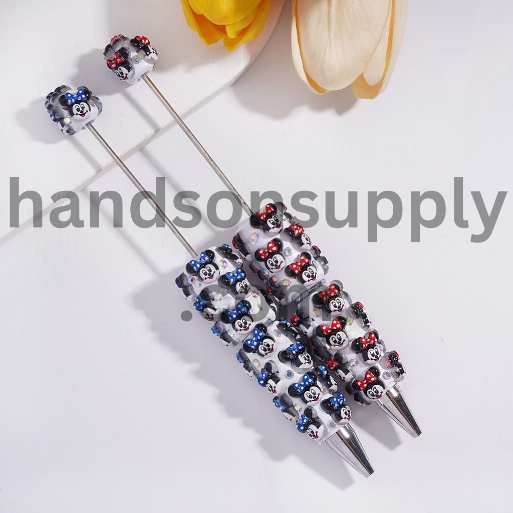 Classic Animation Girl Mouse Character with Red Blue Bowtie on Head, AB Rhinestones Beadable Clay Pens