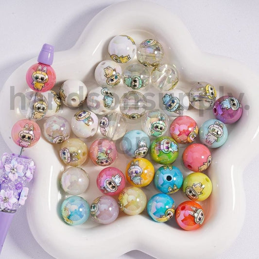 UV Coated Labubu Face Clear, White, Jelly & Solid Color Acrylic Beads 16mm Random Mix