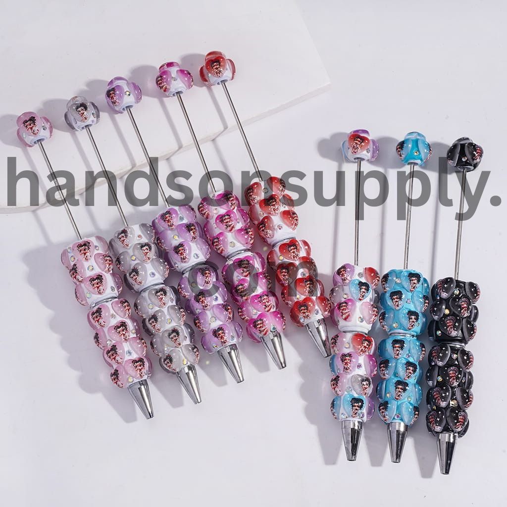 Old Girl Heart Print & AB Rhinestone Decoration, Beadable Clay Pen Random Mix