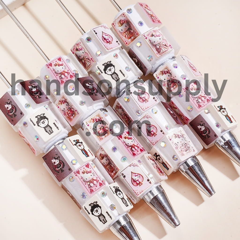 Adorable Lucky Cat Character & Playing Card Design with Sparkling AB Rhinestones Beadable Clay Pens