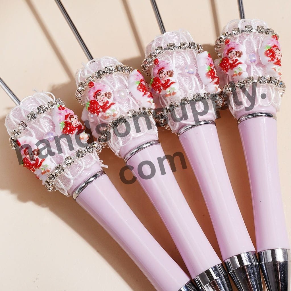 UV Coated Sheer Fabric Berry Girl Handcrafted Beadable Pen with Clear Rhinestone Chains & Half-Shell Pearls