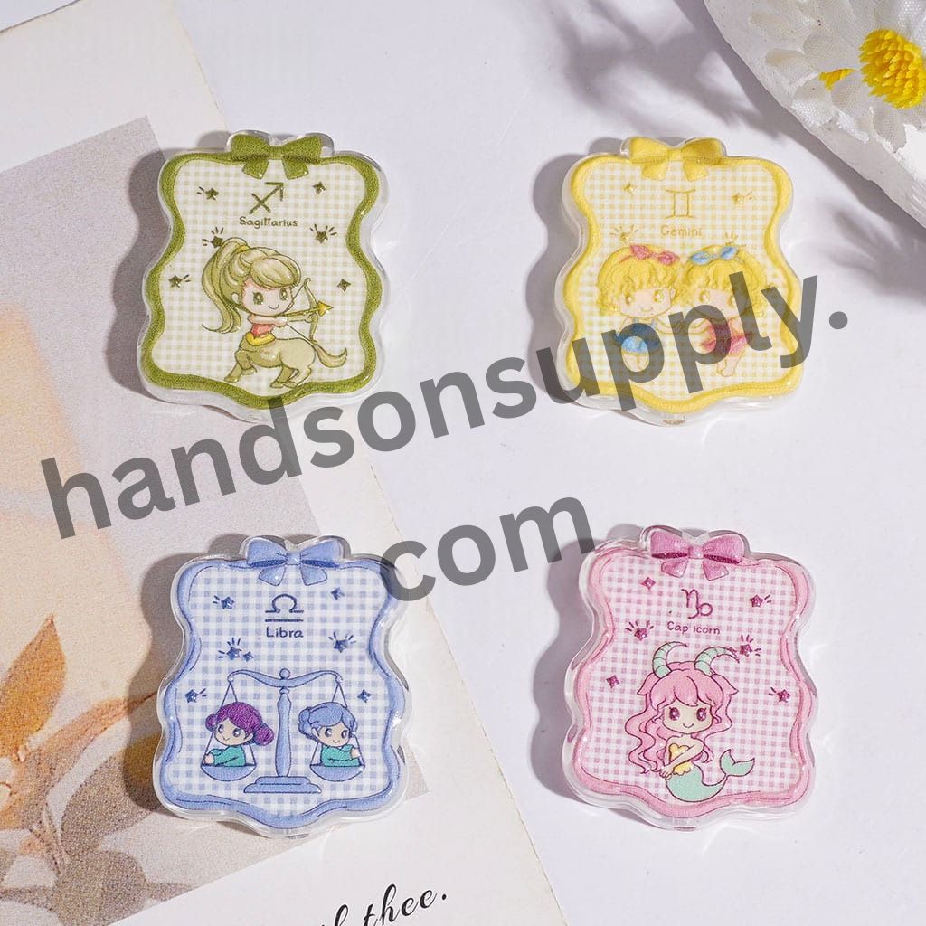 Cute Zodiac Girl Twelve Constellation Baby Character Acrylic Beads, Wavy-Edged Square Shape with Bow, 25×29MM, Multi-Color, Random Mix