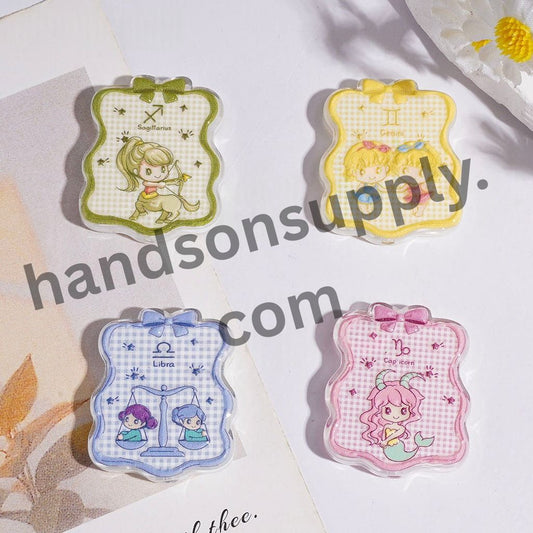 Cute Zodiac Girl Twelve Constellation Baby Character Acrylic Beads, Wavy-Edged Square Shape with Bow, 25×29MM, Multi-Color, Random Mix