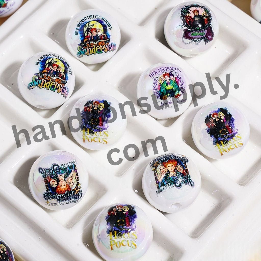 UV Coating Halloween Spooky Sister Hocus Pocus Witches Character Printed Round Acrylic Beads for Bracelets, 16MM, Assorted Designs, Random Mix