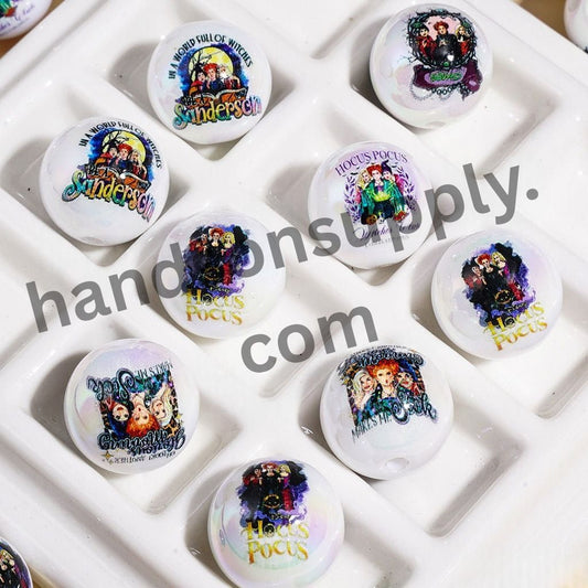 UV Coating Halloween Spooky Sister Hocus Pocus Witches Character Printed Round Acrylic Beads for Bracelets, 16MM, Assorted Designs, Random Mix