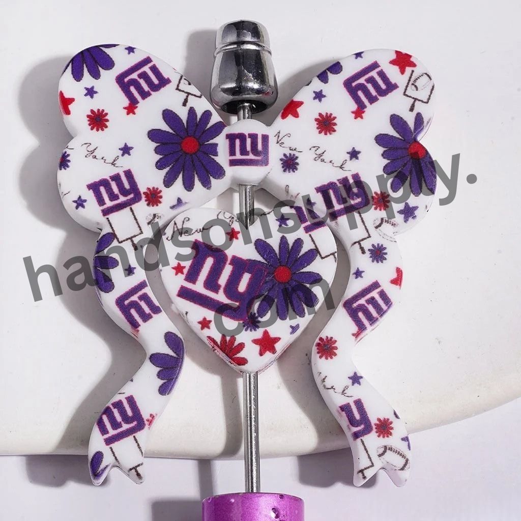 NY American Football Collection with Blue Flower Star Design Bowtie & Heart Shaped Silicone Focal Beads, 45*52MM
