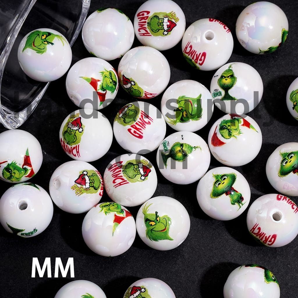 UV-Coated Festive Green Character Series Christmas Theme Printed Round Acrylic Beads for Bracelets, 16MM, Random Mix