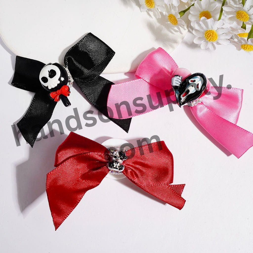 Halloween Spooky Character Fabric Bowtie Acrylic Beads with Ghost, Skull, Eyeball & Lollipop Designs, AB Rhinestones & Pearl Chains, Multicolor, Random Mix