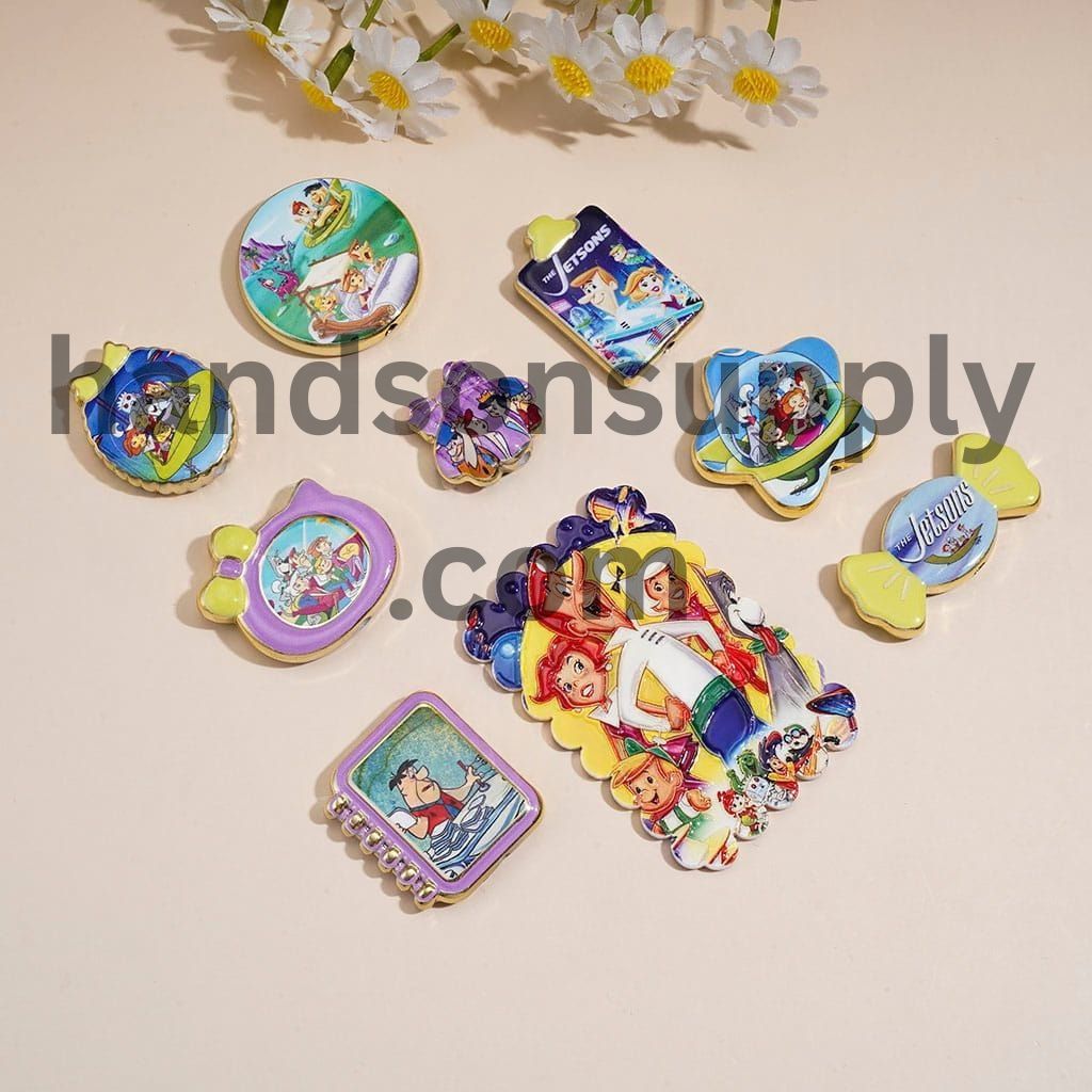 Classic Retro Family Cartoon and Space Adventure Print Acrylic Beads & Pendant, Random Mix