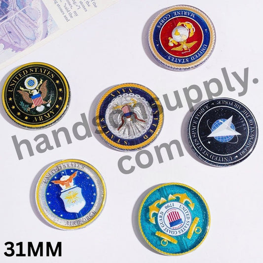 American Military Tribute Coin Badge Glitter Flat Round Design Acrylic Beads, 31MM, Random Mix