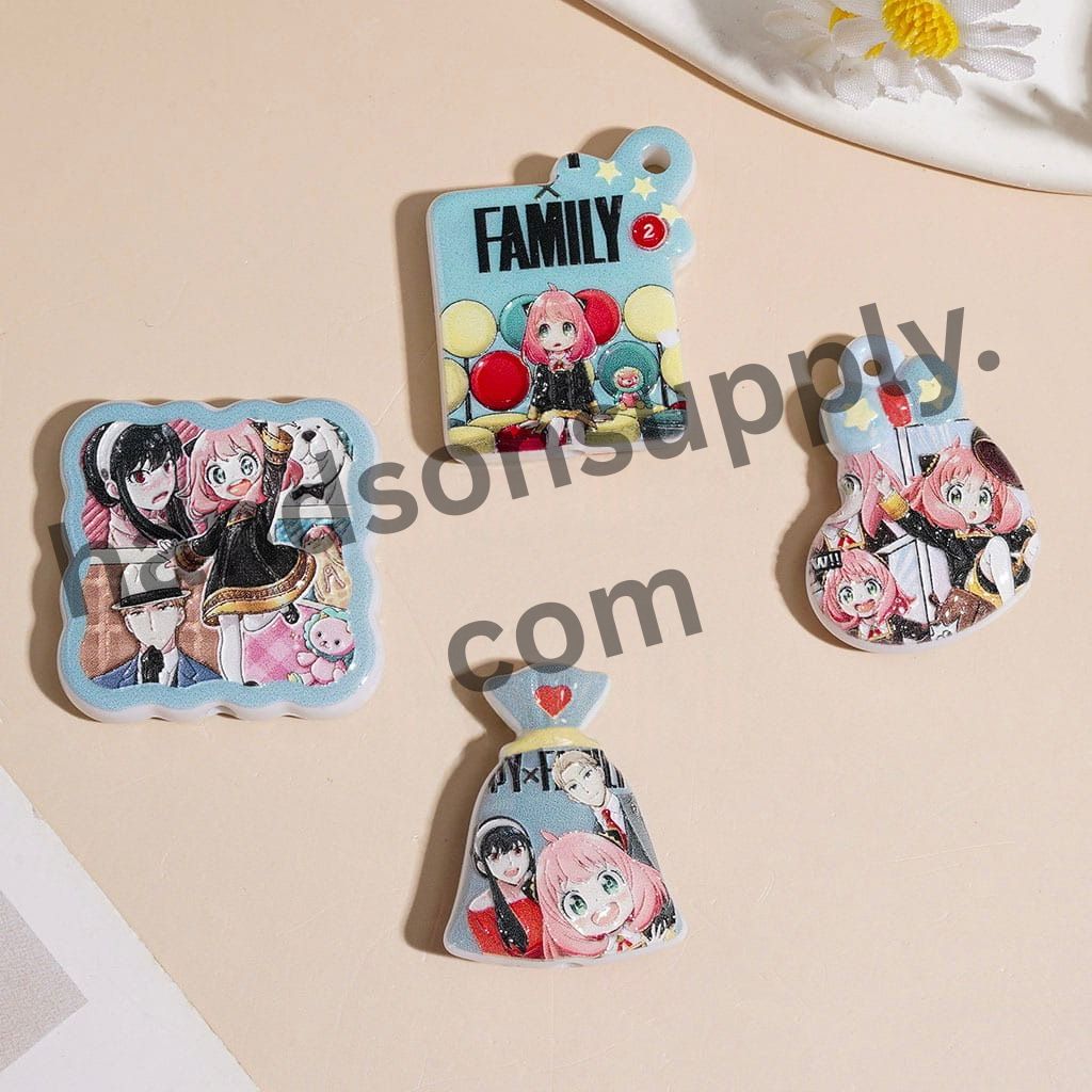 Cute Pink-Haired Anime Girl Magical Secret Family Theme Printed Acrylic Beads & Pendants, Various Shapes & Designs, Random Mix